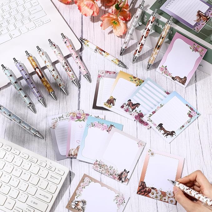 24 Pcs Horse Sticky Notes with Pens Themed Party Favors Gifts Cute Notepad Memo Notes Pads Black Ink Ballpoint Pen for Horse Lover Christmas Gifts Office School Students Teacher Supplies