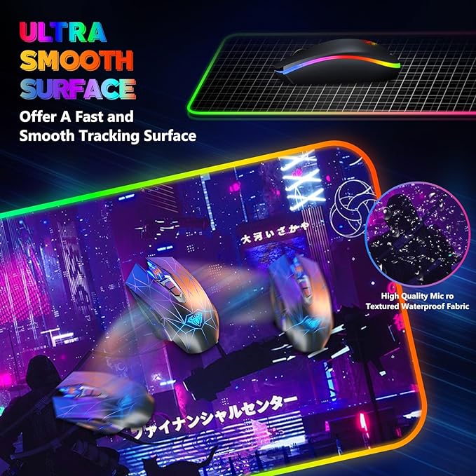 RGB Mouse Pad with 15W Wireless Charging, Purple Anime Neon Extended Large LED Gaming Mouse Pad Non-Slip Rubber Base, 10 Light Modes Desk Pad for Home Office-Warrior Cat