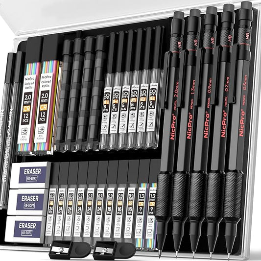 Nicpro 35PCS Art Mechanical Pencil Set, Metal Drafting Pencil 0.5, 0.7, 0.9,1.3 mm & 2mm with 21 Tube Lead Refills(6B 4B 2B HB 2H 4H Colors) Weatherproof Barrel for Outdoor Writing Drawing Sketching