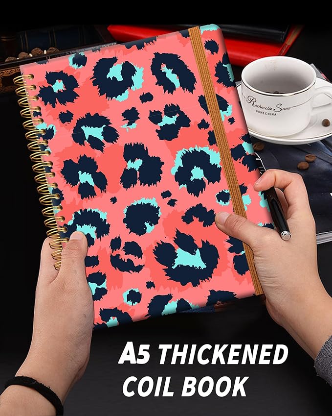 Ruled Spiral Writing Notebook,A5 Hardcover Lined College Journal for Women,Strong Twin-Wire Binding with Premium Paper,8.4" X 6",Perfect for School,Office,Home(Coo Pink Leopard)