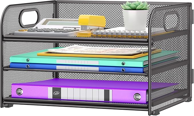 3 Tier Paper Organizer with Handle, Metal Desk Organizer Mesh Paper Letter Tray Desktop File Folder Document Sorter for Classroom, School, Office Accessories Organization and Storage - Grey
