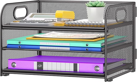 3 Tier Paper Organizer with Handle, Metal Desk Organizer Mesh Paper Letter Tray Desktop File Folder Document Sorter for Classroom, School, Office Accessories Organization and Storage - Grey