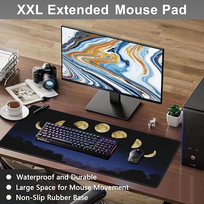 Mouse Pad, Large Moon Phase and Forest Desk Mat, Extended Non-Slip Gaming Keyboard Mousepad Desk Pad, Thick Stitched Edges Waterproof Mouse Mat 31.5"x15.7" (Moon Phase Changes)