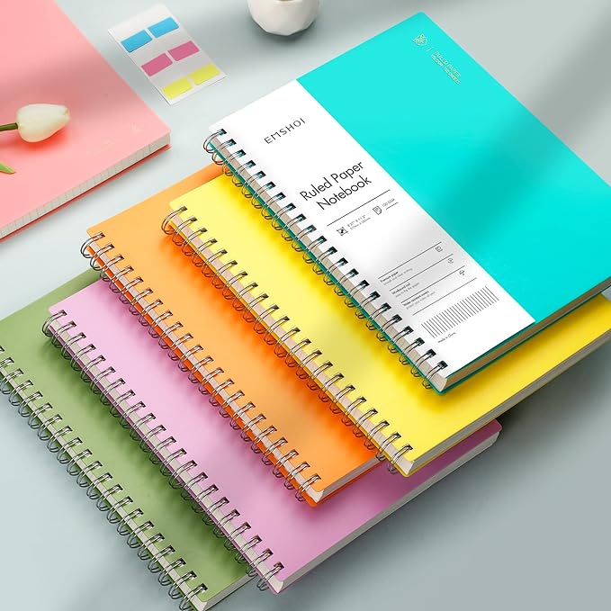 EMSHOI A4 Spiral Notebook College Ruled Lined Journal, 11.2" x 8.27", 300 Pages, 100gsm Thick Paper, Waterproof Softcover, Twin-Wire Binding, Sticky Notes, Pink