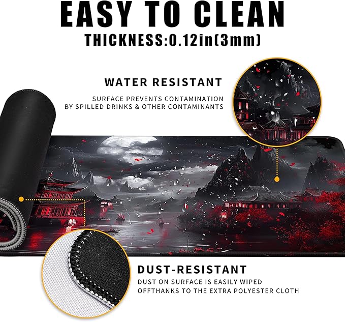 Japanese Riverside Full Moon Desk Mat Large Mouse Pad Gaming Mousepad Extended XL Keyboard Mat Computer Laptop Mouse Desktop Mat 31.5 X 11.8 Desk Decor