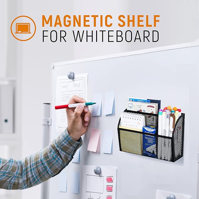 DALTACK Magnetic Pencil Holder Magnetic Shelf for the Whiteboard 3-Grid Mesh Magnetic Pen Holder for Refrigerator Magnetic Organizer Locker Accessories Organizer for Home, School and Office, Black