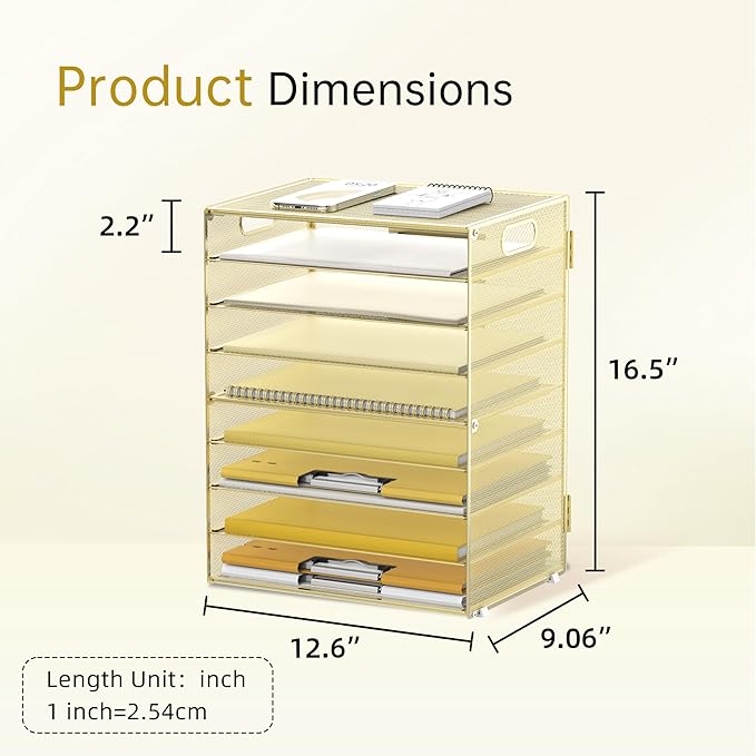 DALTACK 9-Tier Paper Letter Tray Desk Organizer with Handles, Mesh File Holder Organization, File Organizer for Desk Paper Sorter for Office Home School, Gold