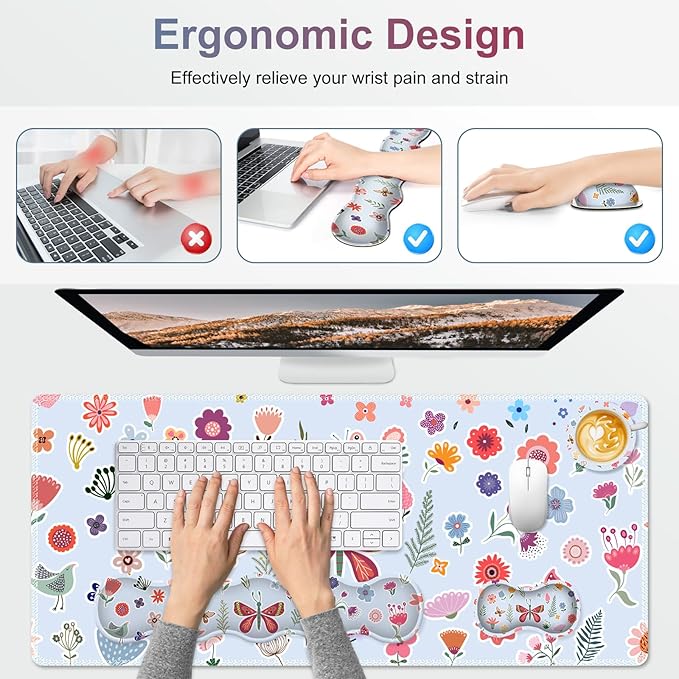 Desk Mat Gaming Mouse Pad, Cute Desk Matt Keyboard Wrist Rest for Desktop, Anti-Slip Big Mousepad Stitched Edges, XXL Large Mouse Pad with Wrist Support for Home Office I Butterfly & Flower