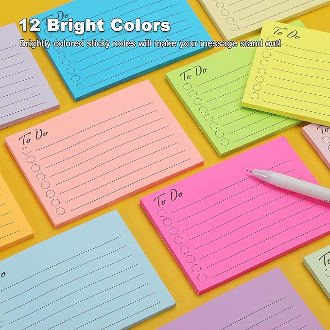 12 Pads to Do List Sticky Notes, 504 Sheets, 3x4 Inch with Line Adhesive Memo, 12 Bright Multi Colors Self-Stick Note Pads, to Do List Notepad, Easy to Use for Home, Office, Notebook