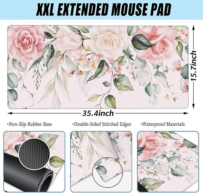 Desk Pad, Pink Watercolor Flowers and Green Leaves Extended Large Gaming Mouse Pad XXL, Large Desk Mat for Desktop with Non-Slip Rubber Base Stitched Edges for Home Office Gaming 35.4"X15.7"
