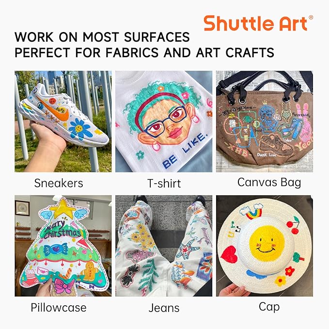 Shuttle Art 36 Colors Fabric Markers, Permanent Shirt Markers for Clothes Sneakers Jeans with 11 Stencils 1 Fabric Sheet, Fabric Pens for Kids Adult Painting Writing