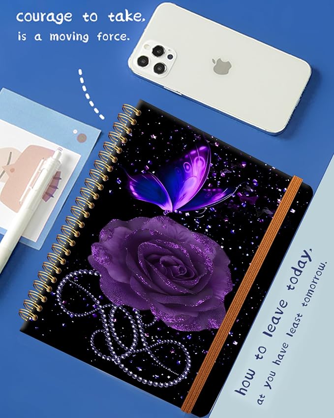 Ruled Spiral Writing Notebook,A5 Hardcover Lined College Journal for Women,Strong Twin-Wire Binding with Premium Paper,8.4" X 6",Perfect for School,Office,Home(Starry Purple Rose Butterfly)