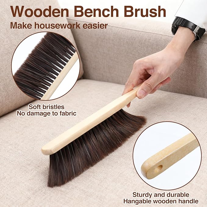 PercyEffie 8 PCS Wooden Dust Brush Bulk, Hand Broom Bench Brush with Long Wood Handle Whisk Broom, Soft Bristle Brushes for Counter/Bed/Sofa,Car/Clothes/Fireplace(Brown)