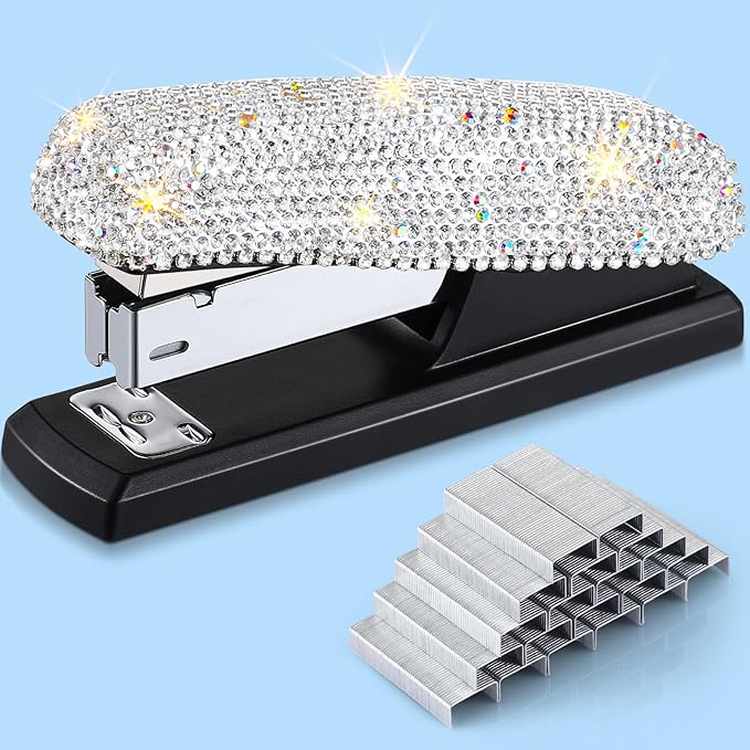 Yexiya Bling Crystal Stapler Gift Sparkly Diamond Stapler for Desk Handmade Clay Rhinestone Machine Pretty Office Stationery Kit Stylish Accessory for Women Lady Christmas(Silver)