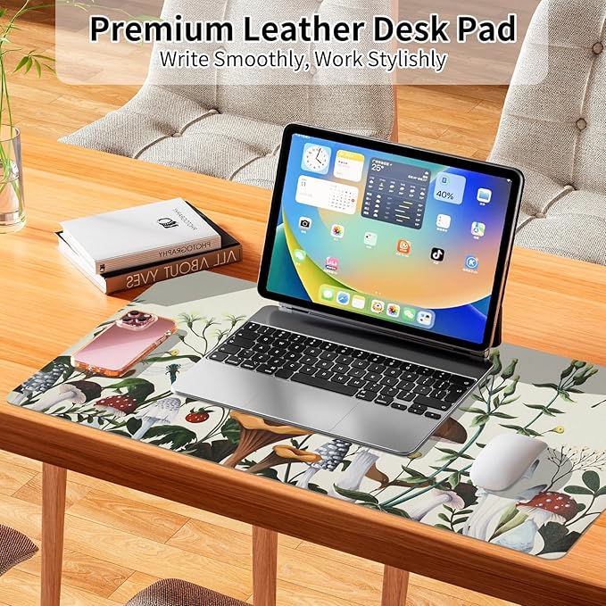 Bloss Plant Mushroom Desks Pad,Large Mouse Pad for Desktop, Leather Floral Desk Mat for Keyboard and Mouse,Waterproof Computer Laptop Desk Protector Mat for Office/Home/Women Gift,White 31.5" x 15.7"