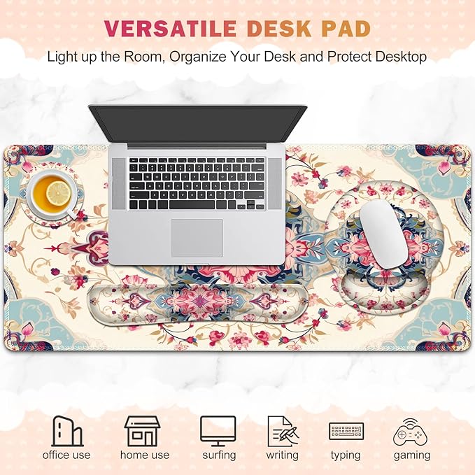 Gaming Mouse Pad, Large Desk Mat, Cute Desk Pad Protector, 4in1 XXL Mousepad + Keyboard Wrist Rest+Mouse Wrist Rest+Coaster Set with Ergonomic Desk Pad for Home Office Computer, Retro Style Pattern