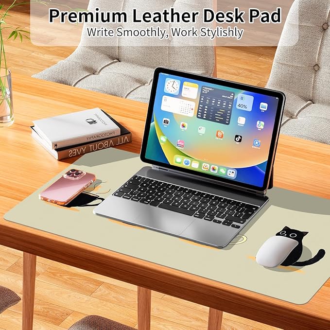 Bloss Leather Mouse Pad,Beige Anime Large Desk Pad,Cute Kawaii Cartoon Cat Desk Mats for Keyboard and Mouse,Waterproof Computer Laptop Desks Protector Mat for Office/Home/Women Gift,31.5" x 15.7"