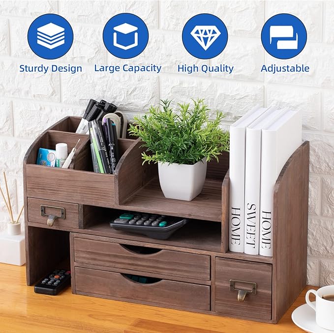 Executive Office Solutions Adjustable Wooden Desk Organizer For Desktop, Tabletop, Office or Counter – Wood Storage Shelf Rack For Office Supplies, Desk Accessories, or Mail – Brown