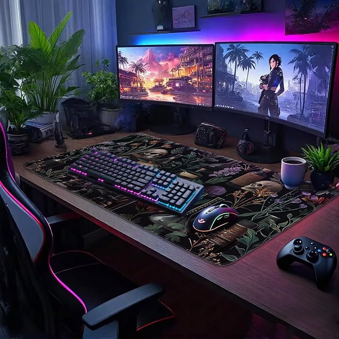 Large Gaming Mouse Pad 31.5x15.7 Inch, XXL Mousepad with Non-Slip Rubber Base & Stitched Edges, Extended Desk Mat for Computer/Laptop/Office/Home Goth Floral Black Mystical