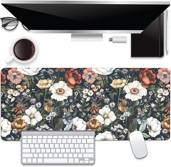 Colorful Flowers Desk Pad Mouse Pad,Daisy Floral Mouse Mat with Stitched Edges,Non-Slip Rubber Base Mousepad for Office PC Keyboard Laptop and Home Work Desk Mat(27.5X11.8 in)