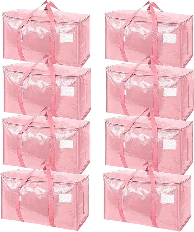TICONN 8 Pack Extra Large Moving Bags with Zippers & Carrying Handles, Heavy-Duty Storage Tote Moving Boxes for Space Saving (8 Pack, Coral)