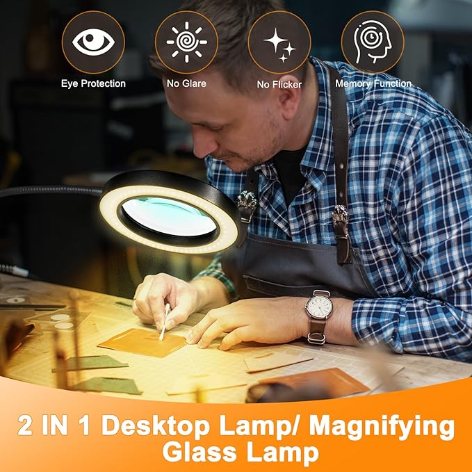 20X/10X Dual-Lens Magnifying Glass with Light and Timer, Combination Lens Magnifier with Light, 3 Color Modes, 2 in 1 Magnifying Desk Lamp for Craft Hobby Painting Sewing Close Work