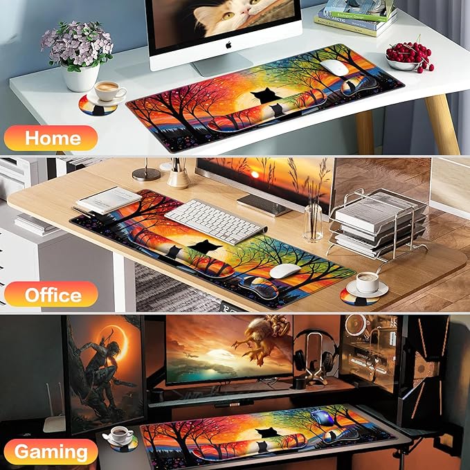 Mouse Pad with Wrist Rest Black Cat, 4-in-1 Large Mousepad+Keyboard Wrist Rest+Mouse Pad Wrist Support+Cup Pad Set,Ergonomic Mousepad,Memory Foam Desk Mat for Home Office Gaming(35.4×15.7in)