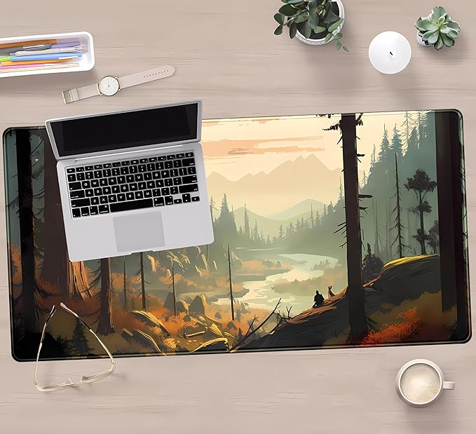 Desk Mat Gaming Desk Pad Valleys, Forest Mouse Pad XXL Extended Large Mouse and Keyboard Mat, Computer Desktop Mat with Non-Slip Base & Stitched Edges, Aesthetic Nature Desk Decor 31.5" x 15.7"