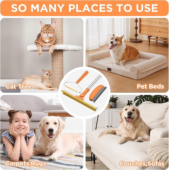 Bolfie 3 in 1 Carpet Rake for Pet Hair Removal, Tool Set of 3, 55” Long Handle Carpet Pet Hair Removal Carpet Scraper Dog Cat Hair Remover for Sofa, Couch, Car, Rug (Orange)