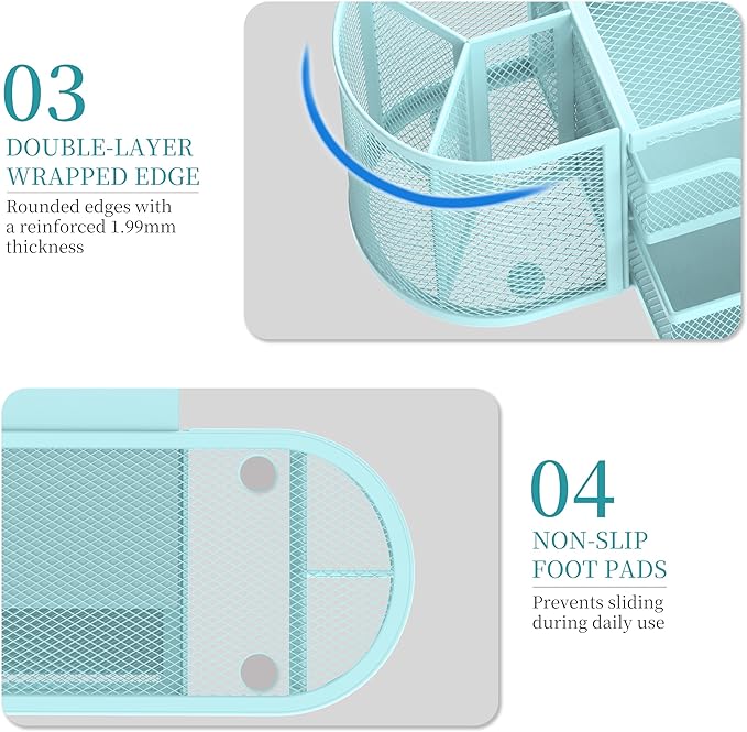 SUPEASY Mesh Desk Organizer, Desk Organizers and Accessories, Pen Holder with Drawers, Pencil Holder for Desk with 2 Drawer for Office Supplies, Blue