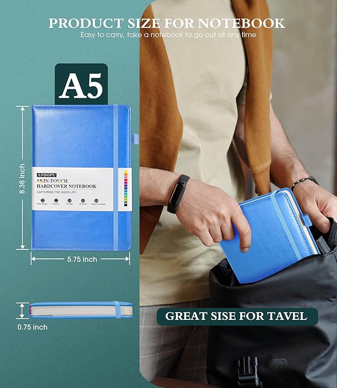 Lined Journal Notebook for Writing, A5 100 GSM Thick Paper, Leather Hardcover Journal for Woman Men, Travel Journal Diary 160 Pages (5.75'' X 8.38'' Lightblue)