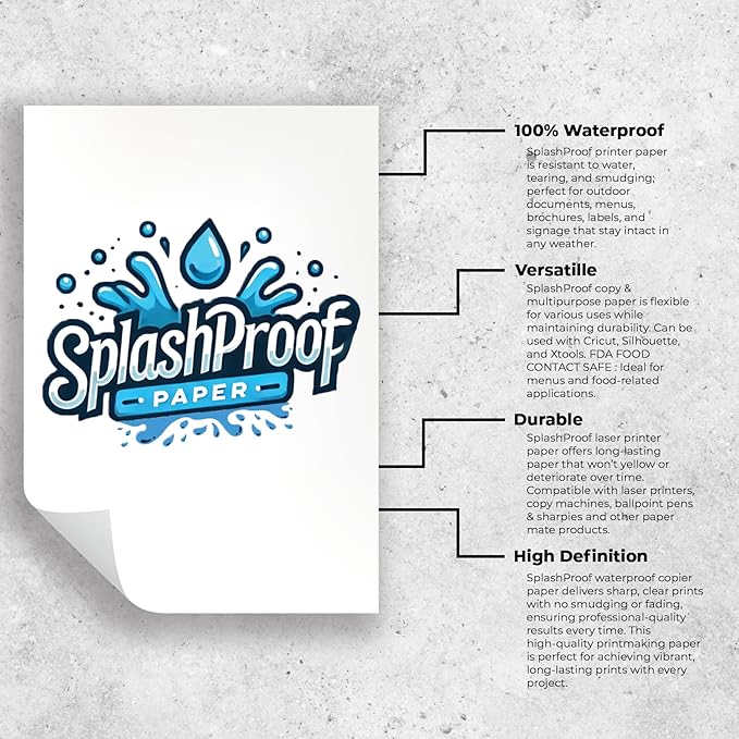 Printer Paper - 8.5" x 11", 10 Mil Waterproof Paper, Laser Printer & Copy Machine Compatible (50 Sheets)