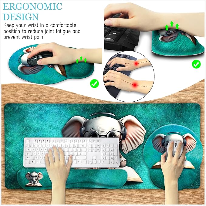 Desk Mat Pad, Large Gaming Mouse Pad with Wrist Rest Wrist Support, Ergonomic Mouse Pad Keyboard Mat Wrist Rest, Cup Coaster, Home Office Desk Accessories Decor Supplies, Cute Elephant