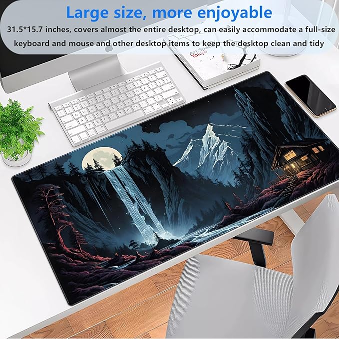 Full Moon Desk Mat Forest Mouse Pad Large Gaming Mouse Pad XL Full Desk Mousepad Extended Keyboard Mat Big Long Mouse Mat Computer Laptop Desktop Mat Pad Desk Decor 31.5''X15.7''