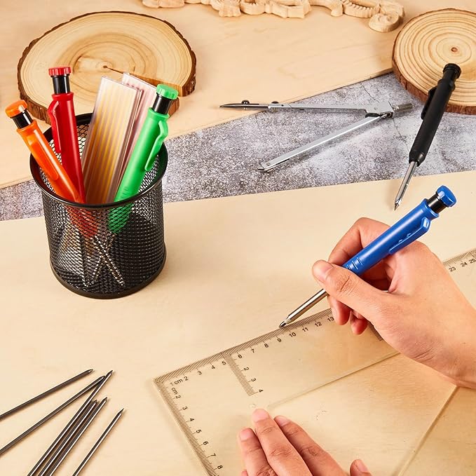 Sabary 10 Pcs Solid Carpenter Pencils with 60 Pcs 2.8mm Refills Long Nosed Deep Hole Mechanical Pencil Marker Construction with Built in Sharpener for Woodworking Drafting Architect Tool