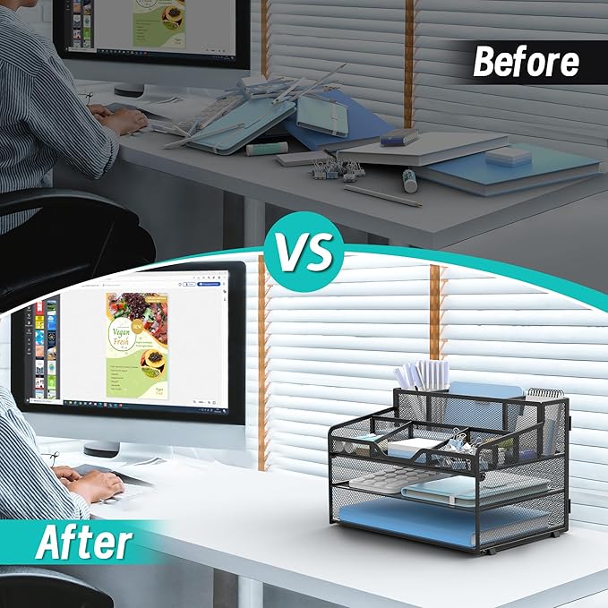 3 Tier Mesh Desk Organizer,Multi Functional Letter Paper Tray with 3 Pen Holders and 5 Adjustable Storage Compartments for Office Supplies Files and Mail Space Saving Desktop Organizer-Black