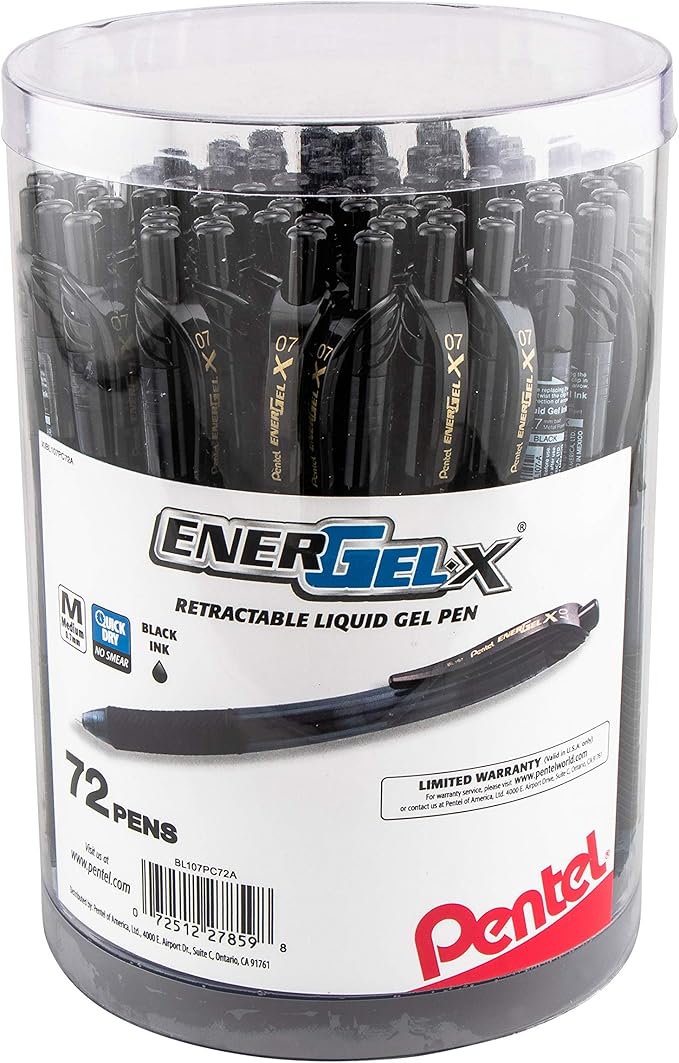 Pentel EnerGel-X Retractable Gel Pen, (0.7mm) Med. Line, Black Ink, 72-PK Canister (BL107PC72A)