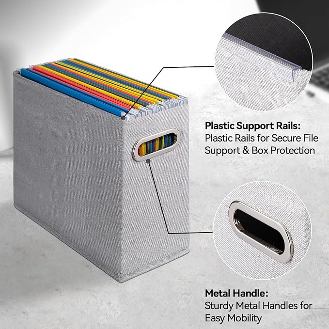 4 Packs Letter Size File Organizer, File Folders Organizer, Fabric Storage Box, Collapsible Paper Organizer with Metal Handle, Smooth PVC Rails, Only Box (Light Gray)