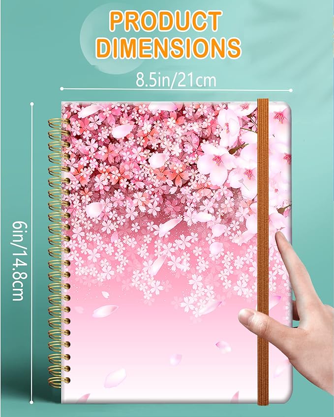 Ruled Spiral Writing Notebook,A5 Hardcover Lined College Journal for Women Lady Girl,Cute Strong Twin-Wire Binding with Premium Paper,8.4" X 6",Perfect for School,Office,Home Gifts(Cherry Blossom