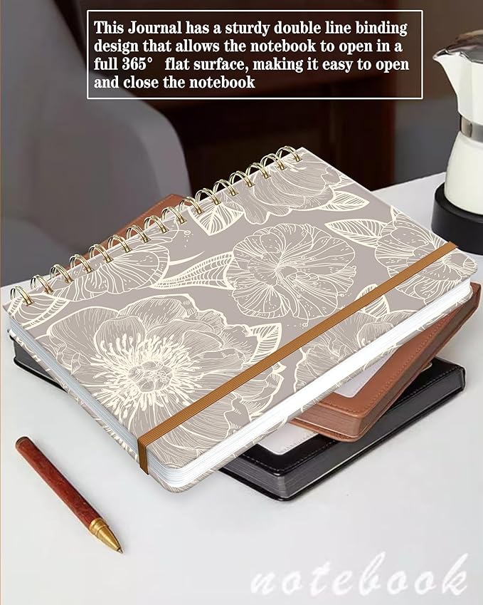Spiral Journal Notebook for Women, Hardcover A5 College Ruled Notebook, 120 Pages, Thick Paper, Cute Lined Journal for School, Office & Work, 6 x 8.4 in(Gray Flower)