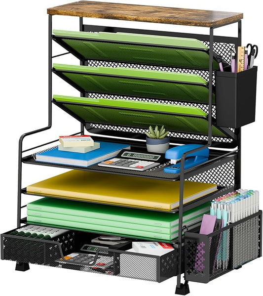 8 Tier Desk File Organizer, Metal Mesh Letter Tray Paper Organizer, Large Capacity Desktop Organizers, Desk Accessories File Holder Storage Organization for Office, Home or School, Black