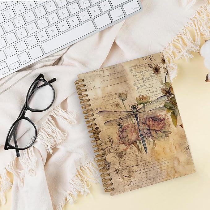 Dragonfly Flower Spiral Notebook, Dragonfly Gifts for Women, Vintage Dragon Fly Journal Notebook, Dragonfly Notebooks for School Work, Dragonfly Office Supplies Gifts for Women Men, 5.5x8.3 Inch
