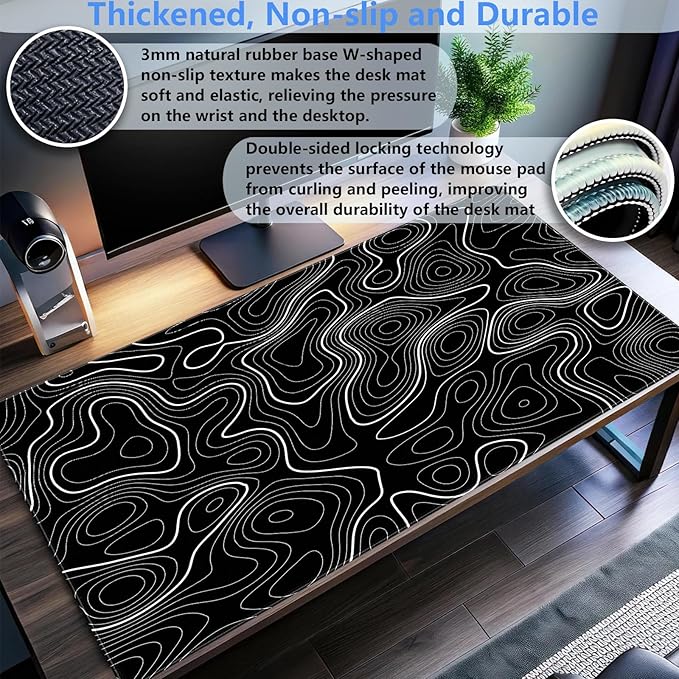 Black Topographic Map Desk Mat - Large Extended XL Gaming Mouse Pad with Stitched Edges, Full Desk Keyboard Mat for Laptop Computer, Abstract Art Desk Decor (31.5"x15.7")