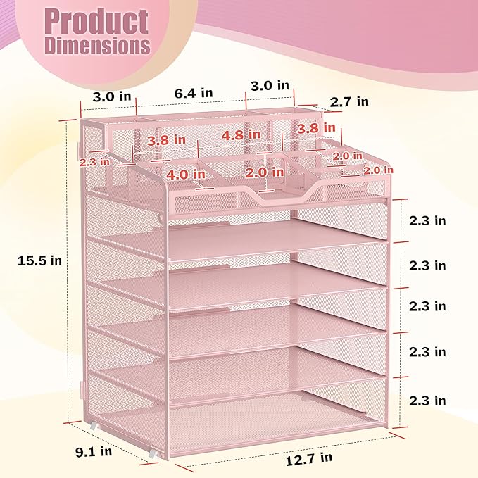 Docnest 6 Tier Mesh Desk Organizer for Paper Office Supplies – Multi-Functional Letter Tray with 5 Adjustable Compartments, 3 Pen Holders, Desktop Storage for Files, Mail, Stationery – Pink