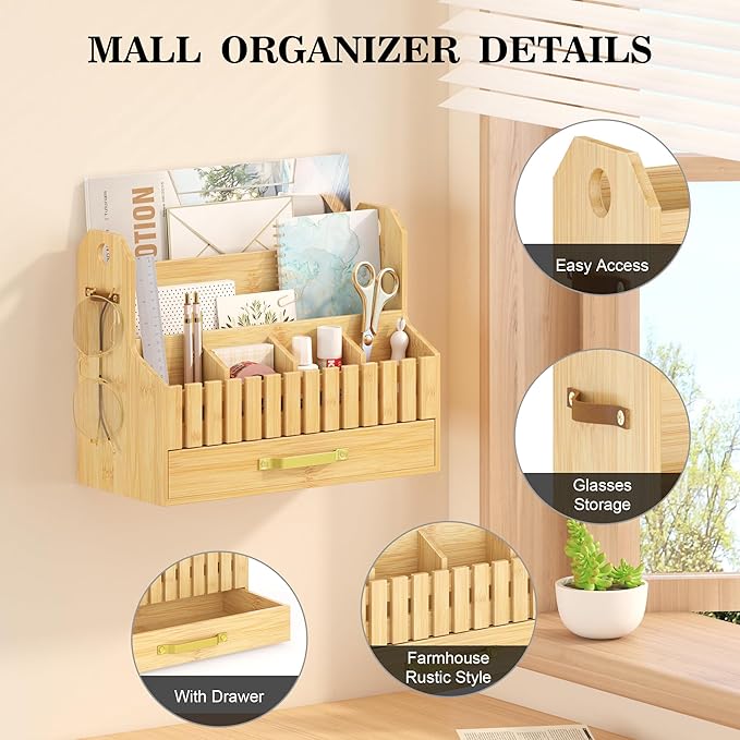 Bamboo Mail Organizer Countertop with Drawers, Wood Desk File Organizer Desktop Paper Organization Storage Bill & Letter Sorter Holder for School Home Office Supplies, No Assembly Required (Nature)