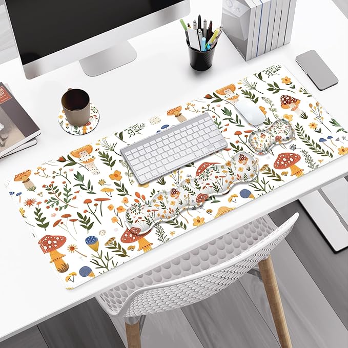 Desk Mat Gaming Mouse Pad, Cute Desk Matt Keyboard Wrist Rest for Desktop, Anti-Slip Mousepad w/Stitched Edges, XXL Large Mouse Pad with Wrist Support for Desk Computer I Mushroom Plant Leave