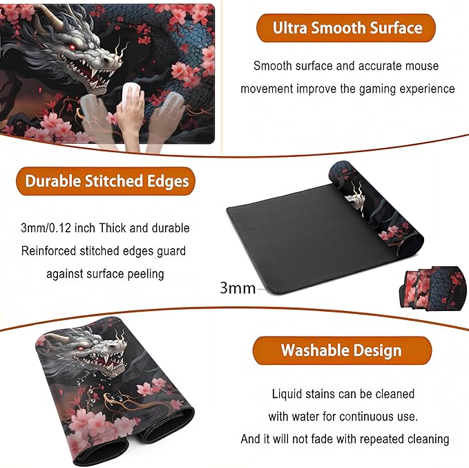 Cute Sakura Dragon Gaming Mouse Pad Kawaii XXL Large Extended Anime Desk Mat, Non-Slip Rubber Base Mousepad, Office Decor Desk Pad, Cool Keyboard and Mouse Mat with Stitched Edges, 31.5x15.75 in