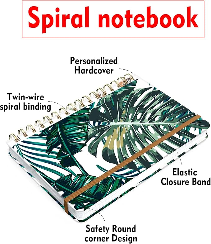 Spiral Journal Notebook for Women, Hardcover A5 College Ruled Notebook, 120 Pages, Thick Paper, Cute Lined Journal for School, Office & Work, 6 x 8.4 in(Palm Leaves)