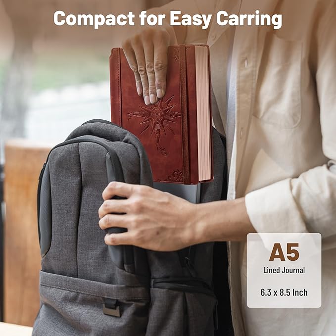 CAGIE Compass Leather Notebook Journal for Men, 100 GSM 288 Pages Lined Journals for Writing, A5 Hardcover Journaling Notebooks Gift Set with Pen for Travel Office Daily Writing