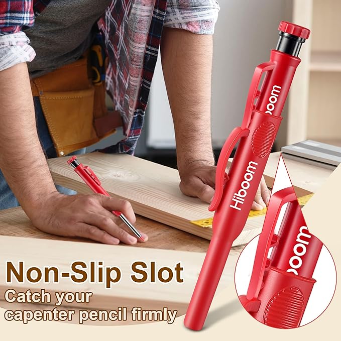 Hiboom 2 Pack Solid Carpenter Pencils with Pencil Cap and 18 Refills, Long Nose Deep Hole Mechanical Pencil Marker, Scribe Tool with Built-in Sharpener for Construction Woodworking Architect (Red)
